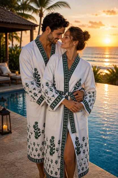 Hand Block Printed Cotton Waffle Robes for Couples | Green Floral Kimono Style (His & Hers)