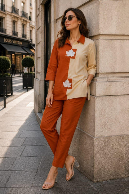 Embroidered Cotton Kurta Pant Set | Beige Brown Co-ord Ethnic Wear