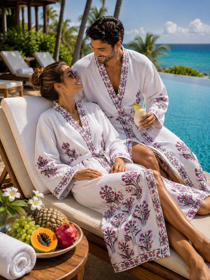Couples Hand Block Printed Cotton Waffle Bathrobes | Green Floral Jaipur Kimono Robes