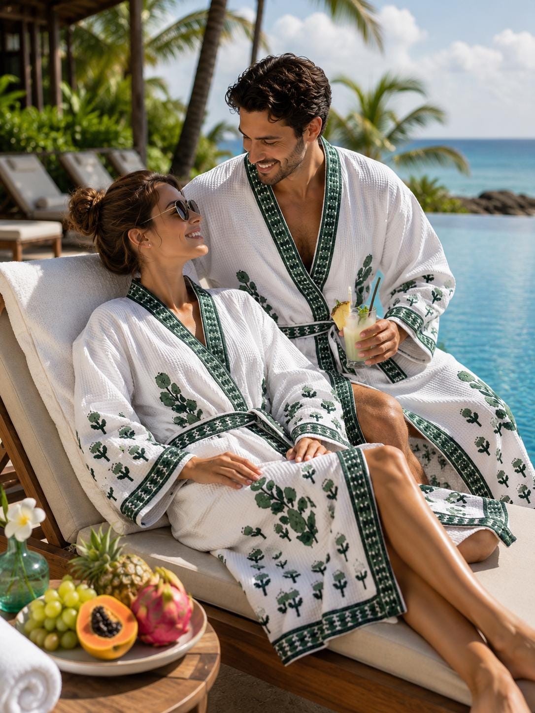 Hand Block Printed Cotton Waffle Robes for Couples | Green Floral Kimono Style (His & Hers)