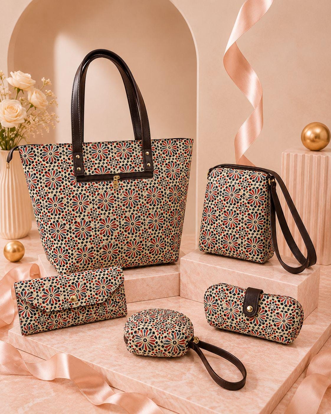 Jaipuri Print Cotton 5-Piece Bag Set | Tote, Sling, Clutch, Goggle, Coin Purse