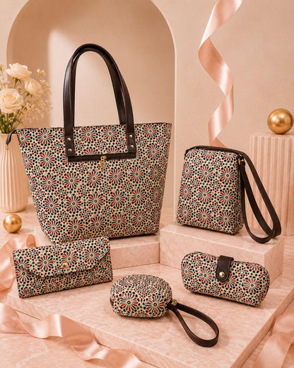 Jaipuri Print Cotton 5-Piece Bag Set | Tote, Sling, Clutch, Goggle, Coin Purse