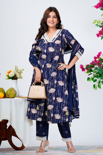 Graceful Navy Blue Printed Kurta Set with Dupatta