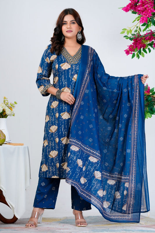 Stylish Blue Printed Kurta Set with Embroidered Neckline & Dupatta