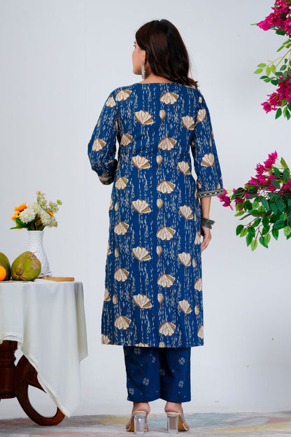 Stylish Blue Printed Kurta Set with Embroidered Neckline & Dupatta