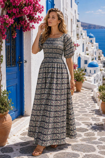 Cotton Midi Dress for Women, Summer Boho Dress, Floral Print Dress, M to 2XL, Casual Vacation Dress, Greek Island Style