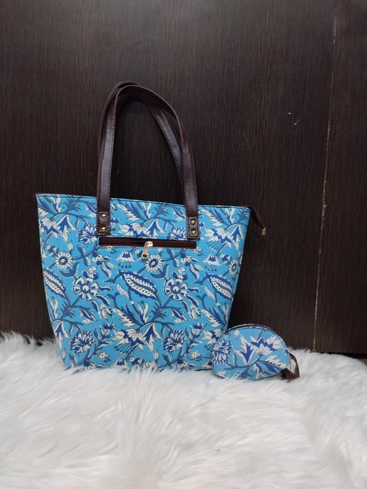 Jaipuri Print Cotton Tote Bag Set | Leather Trimmed Clutch, Coin Purse, Goggle Case