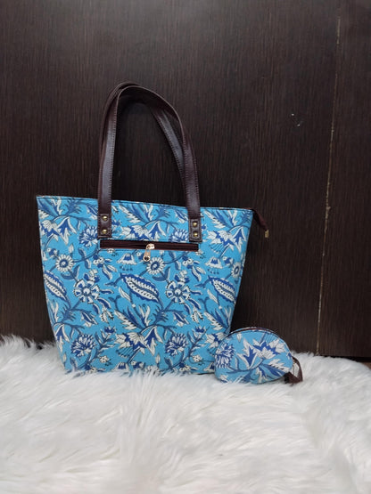 Jaipuri Print Cotton Tote Bag Set | Leather Trimmed Clutch, Coin Purse, Goggle Case