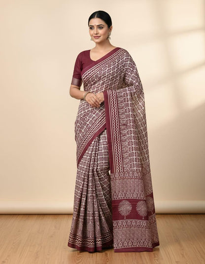 Jaipuri Ajrakh Cotton Saree, Bagru Indigo Print Sari, Traditional Indian Ethnic Wear with Blouse Piece