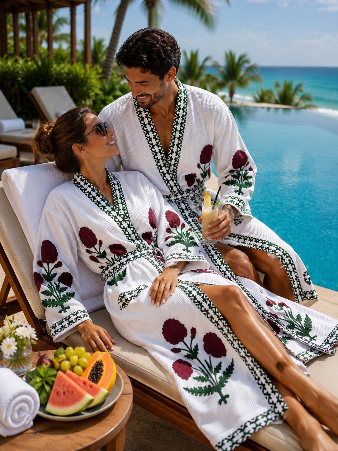 Hand Block Printed Cotton Bathrobe for Couples | His & Hers Waffle Robes | Green Floral Jaipur Handmade Gift