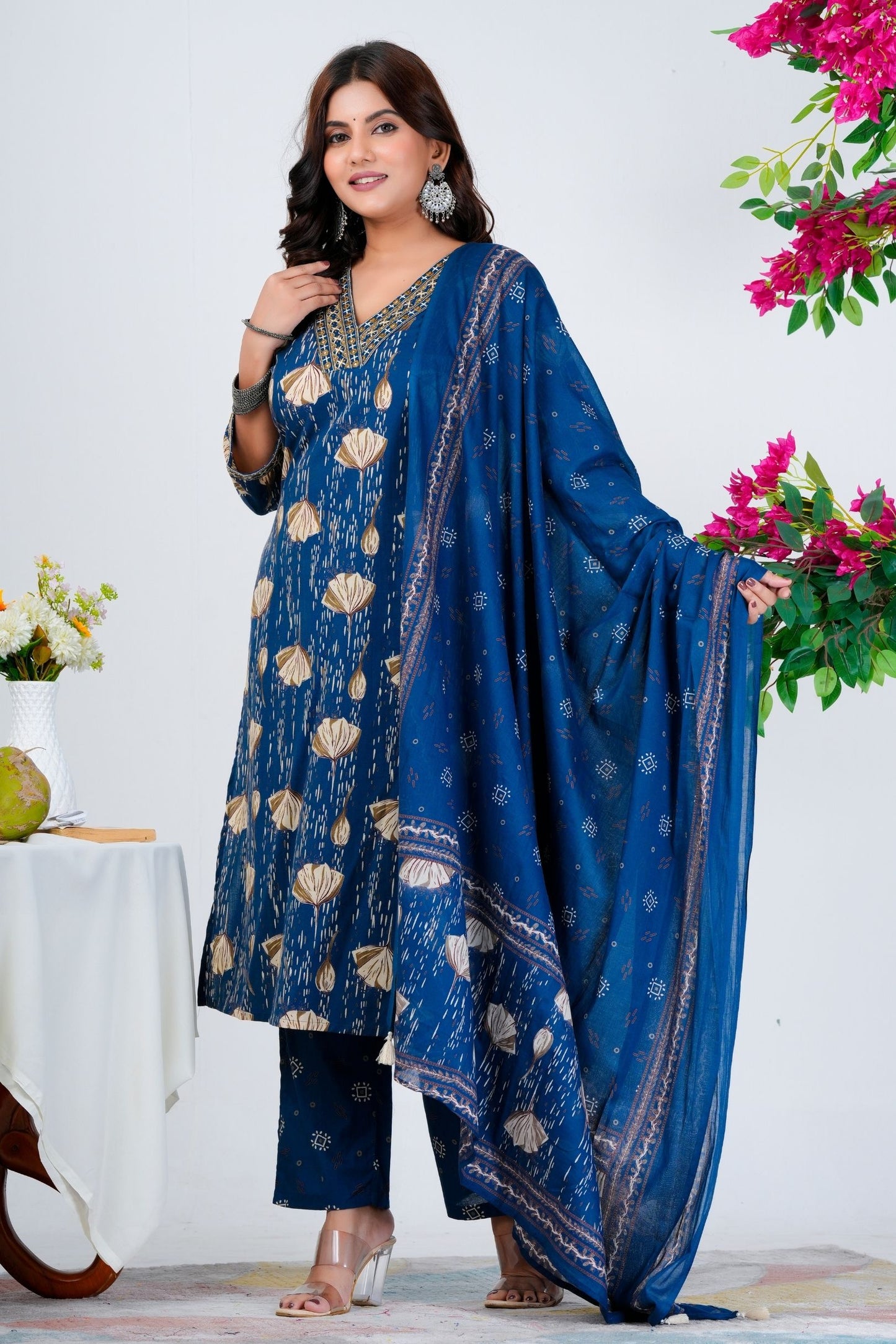 Stylish Blue Printed Kurta Set with Embroidered Neckline & Dupatta