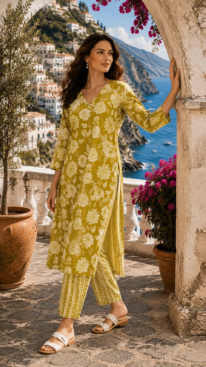 Jaipuri Cotton Kurta Pant Set, Floral Indian Ethnic Co-Ord Outfit (M-2XL)