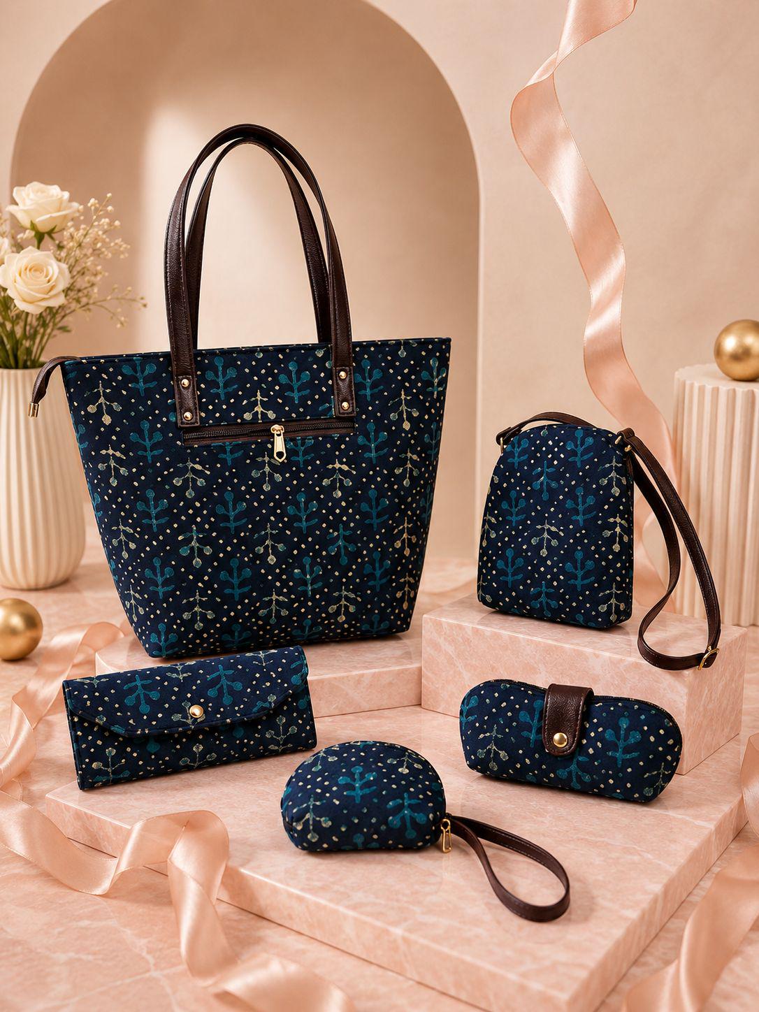 Jaipuri Print Cotton Bag Set | Tote, Sling, Clutch, Goggle Case, Coin Purse