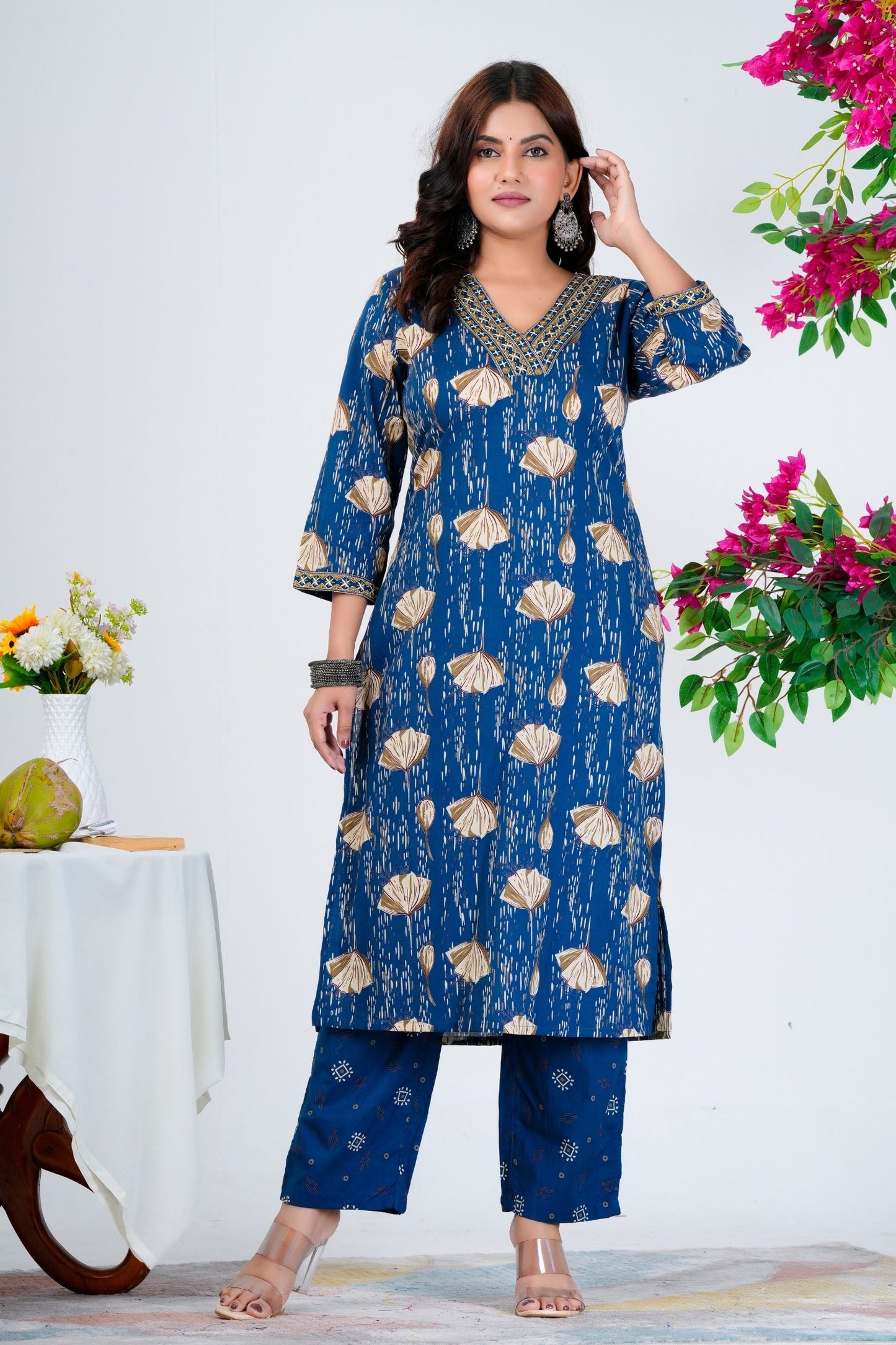Stylish Blue Printed Kurta Set with Embroidered Neckline & Dupatta