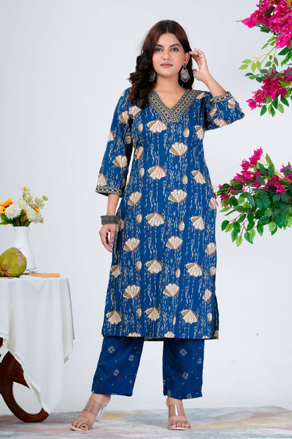 Stylish Blue Printed Kurta Set with Embroidered Neckline & Dupatta