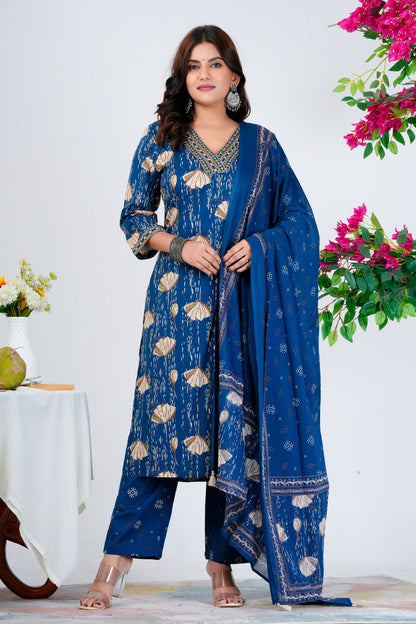 Stylish Blue Printed Kurta Set with Embroidered Neckline & Dupatta