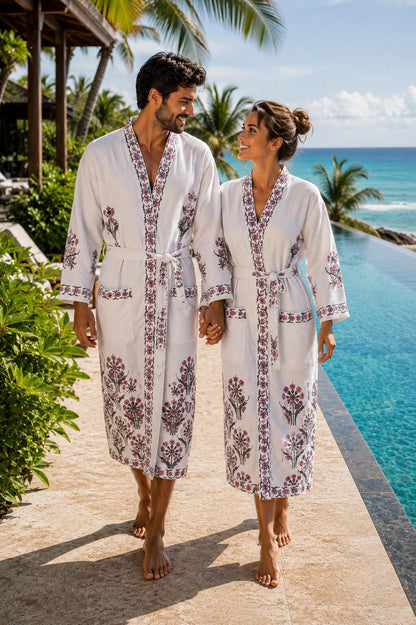 Couples Hand Block Printed Cotton Waffle Bathrobes | Green Floral Jaipur Kimono Robes