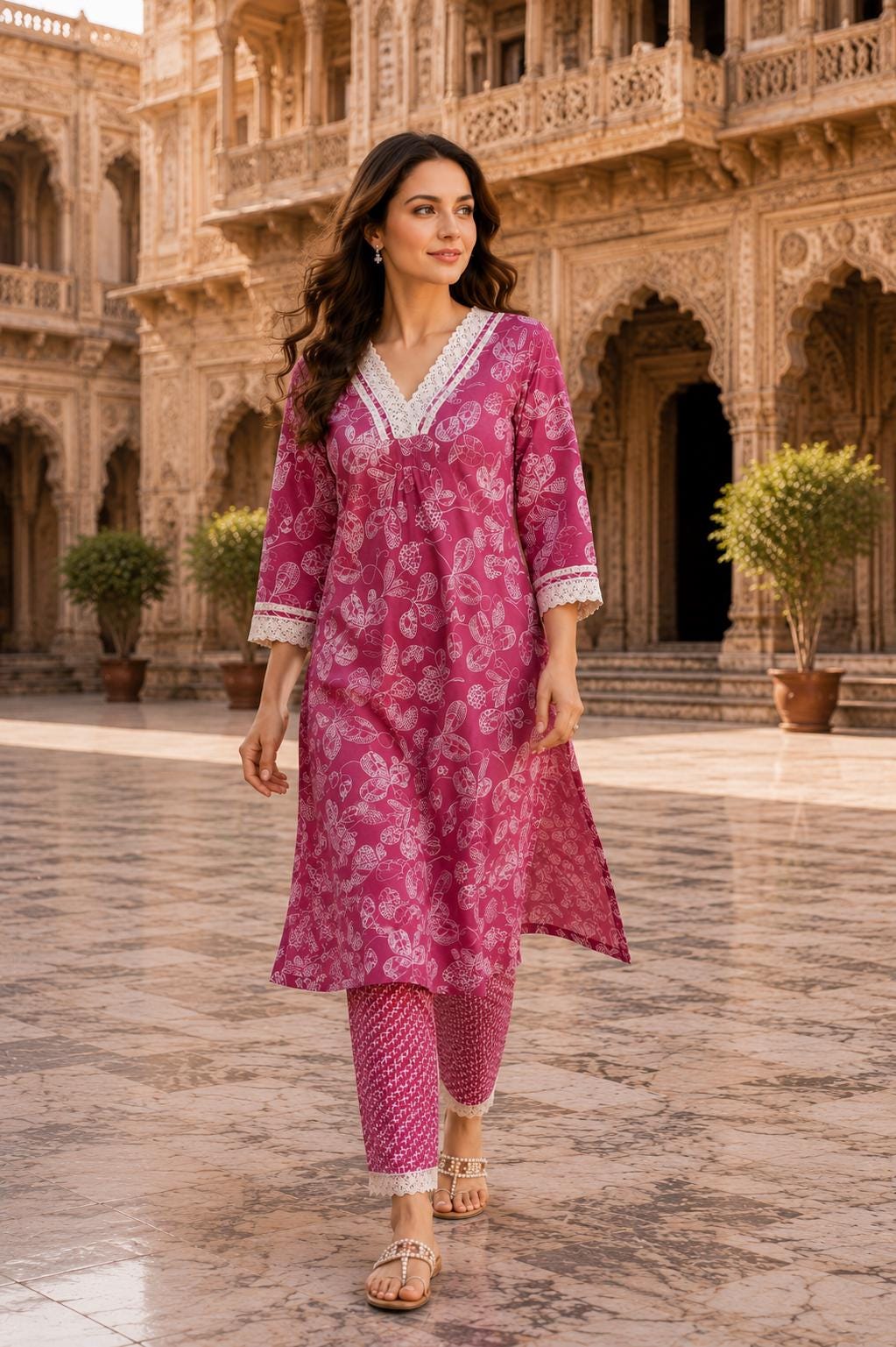 Jaipuri Designer Lace Work Kurta Pant Set for Women, Indian Ethnic Wear Suit Set, Printed Cotton Kurta Palazzo Outfit, Festival Dress