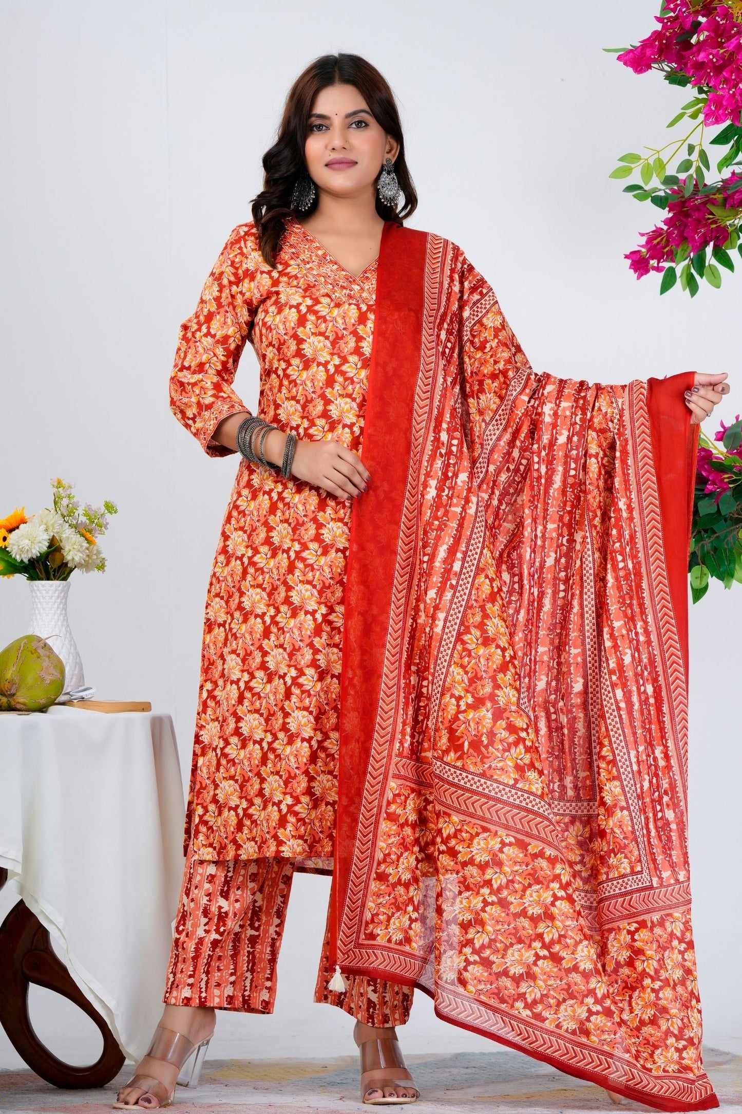 Vibrant Red Floral Printed Kurta Set with Dupatta