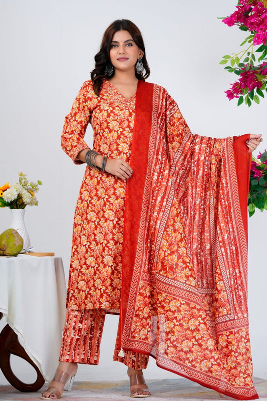 Vibrant Red Floral Printed Kurta Set with Dupatta