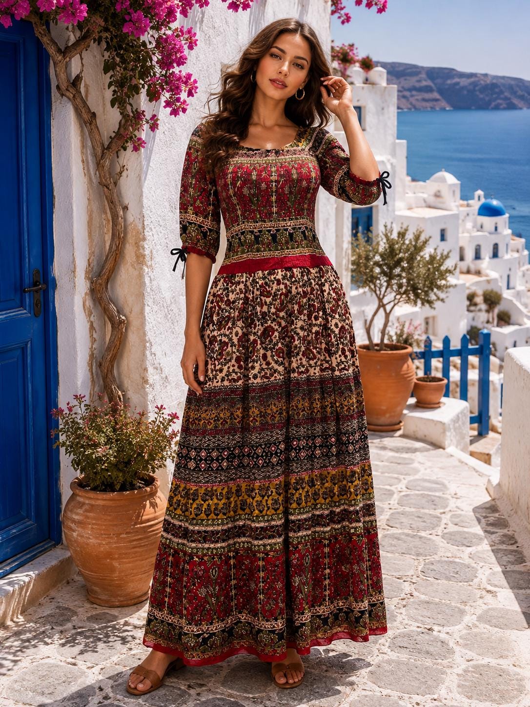 Jaipur Floral Crepe Maxi Dress, Boho Resort Wear, Lightweight Ethnic Style