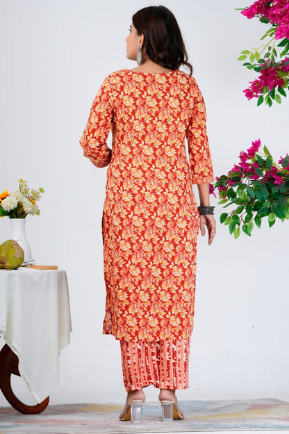Vibrant Red Floral Printed Kurta Set with Dupatta