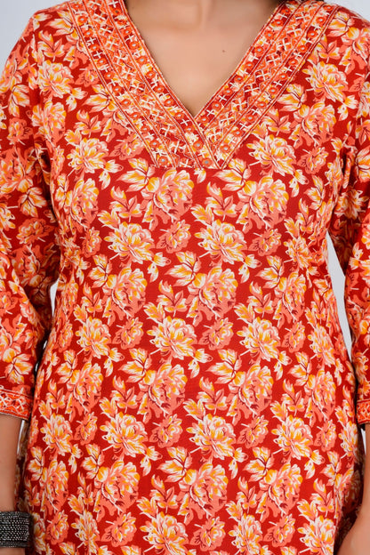 Vibrant Red Floral Printed Kurta Set with Dupatta