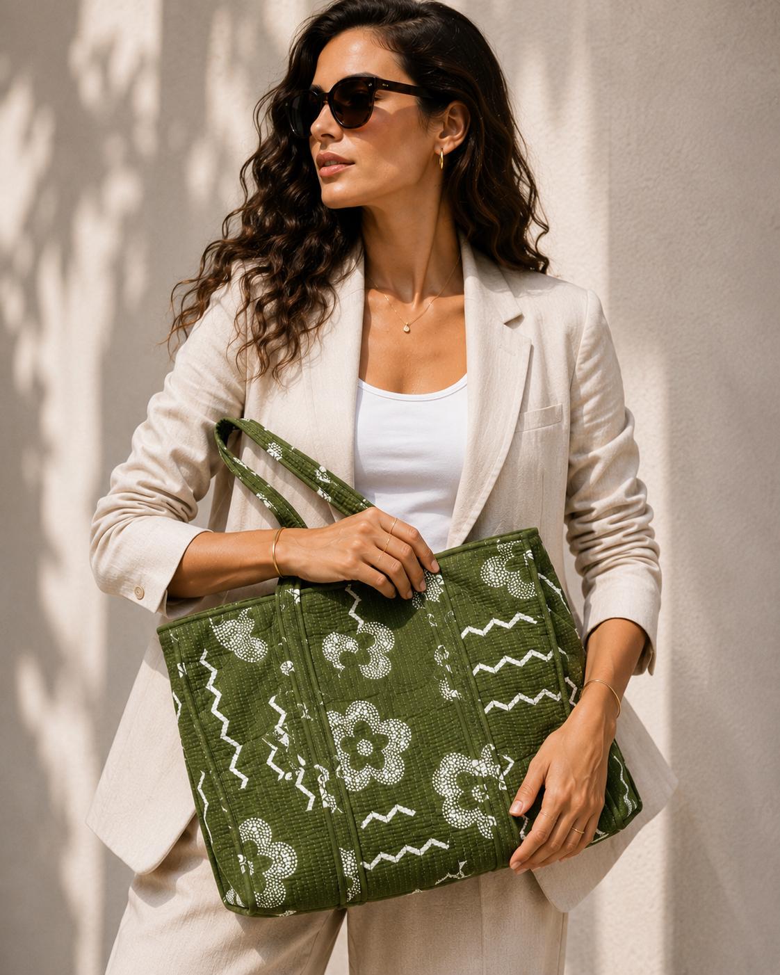 Jaipuri Quilted Cotton Tote Bag: Market Women's Size (17*18 Inc) One Pocket