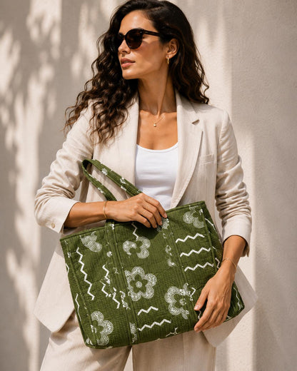 Jaipuri Quilted Cotton Tote Bag: Market Women's Size (17*18 Inc) One Pocket