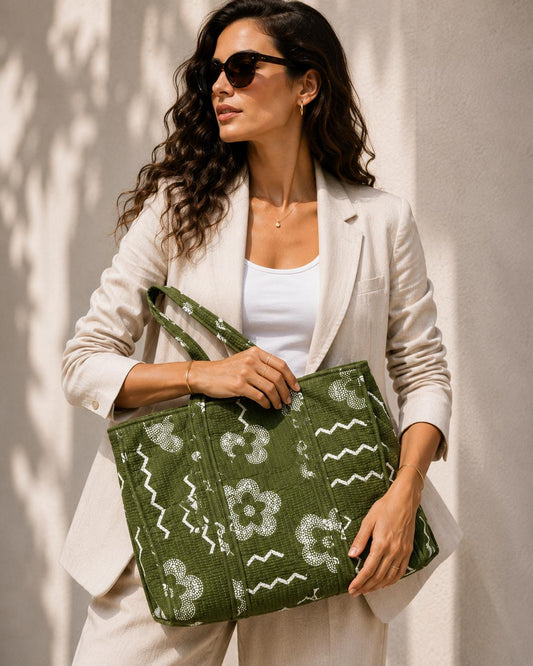 Jaipuri Quilted Cotton Tote Bag: Market Women's Size (17*18 Inc) One Pocket