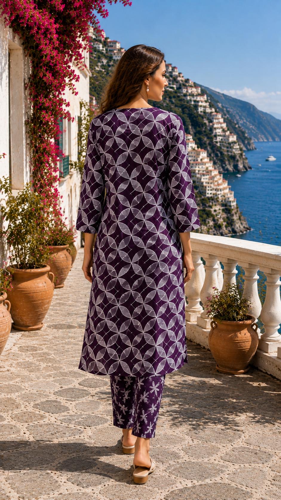 Purple Jaipuri Cotton Kurta Pant Set, Geometric Print, Summer Ethnic Wear