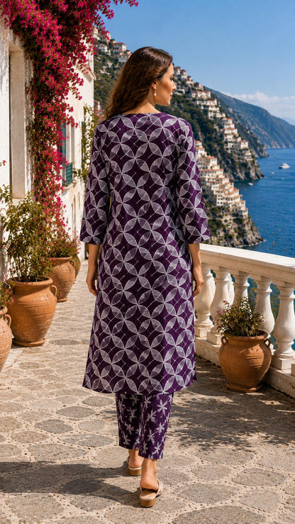 Purple Jaipuri Cotton Kurta Pant Set, Geometric Print, Summer Ethnic Wear