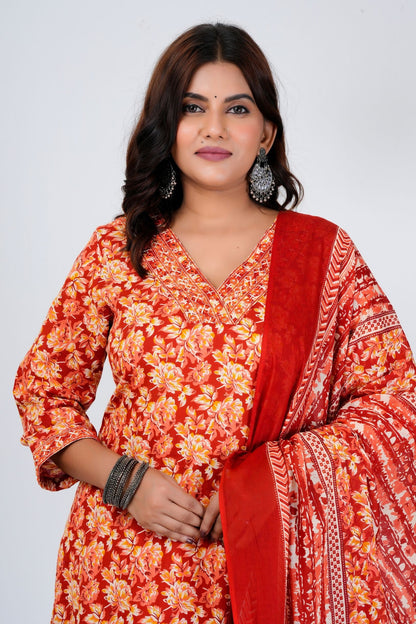 Vibrant Red Floral Printed Kurta Set with Dupatta