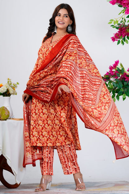 Vibrant Red Floral Printed Kurta Set with Dupatta