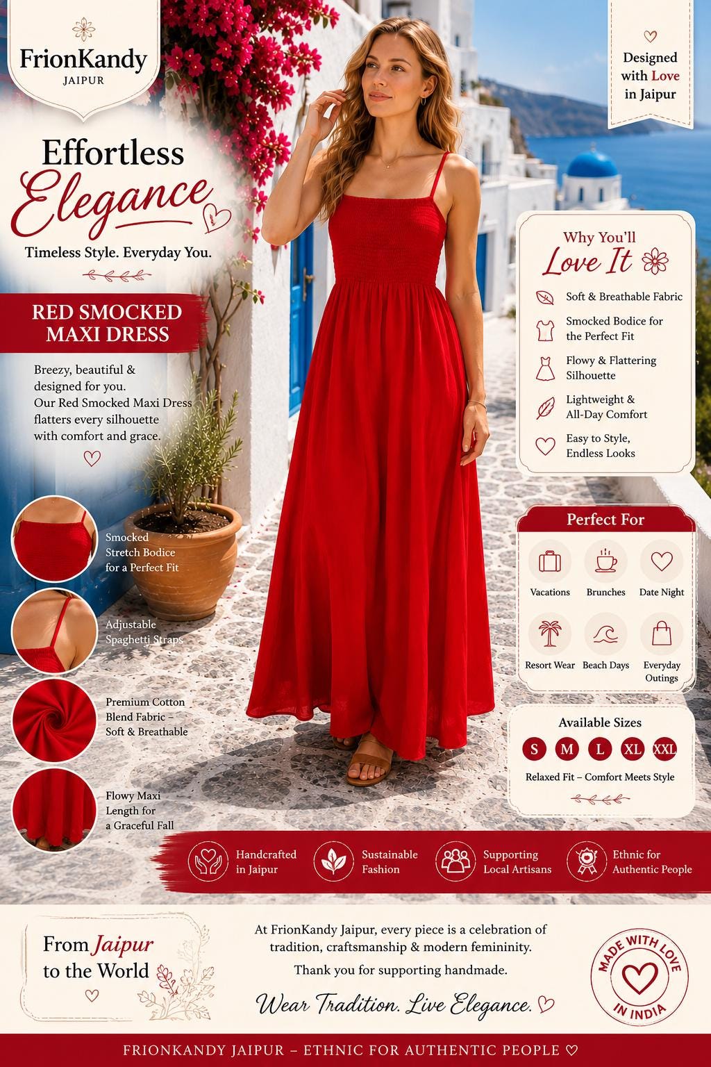 Red Smocked Maxi Dress, Love Valentine Print, Boho Summer Rayon Vacation Dress