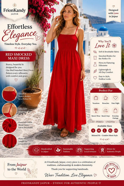 Red Smocked Maxi Dress, Love Valentine Print, Boho Summer Rayon Vacation Dress