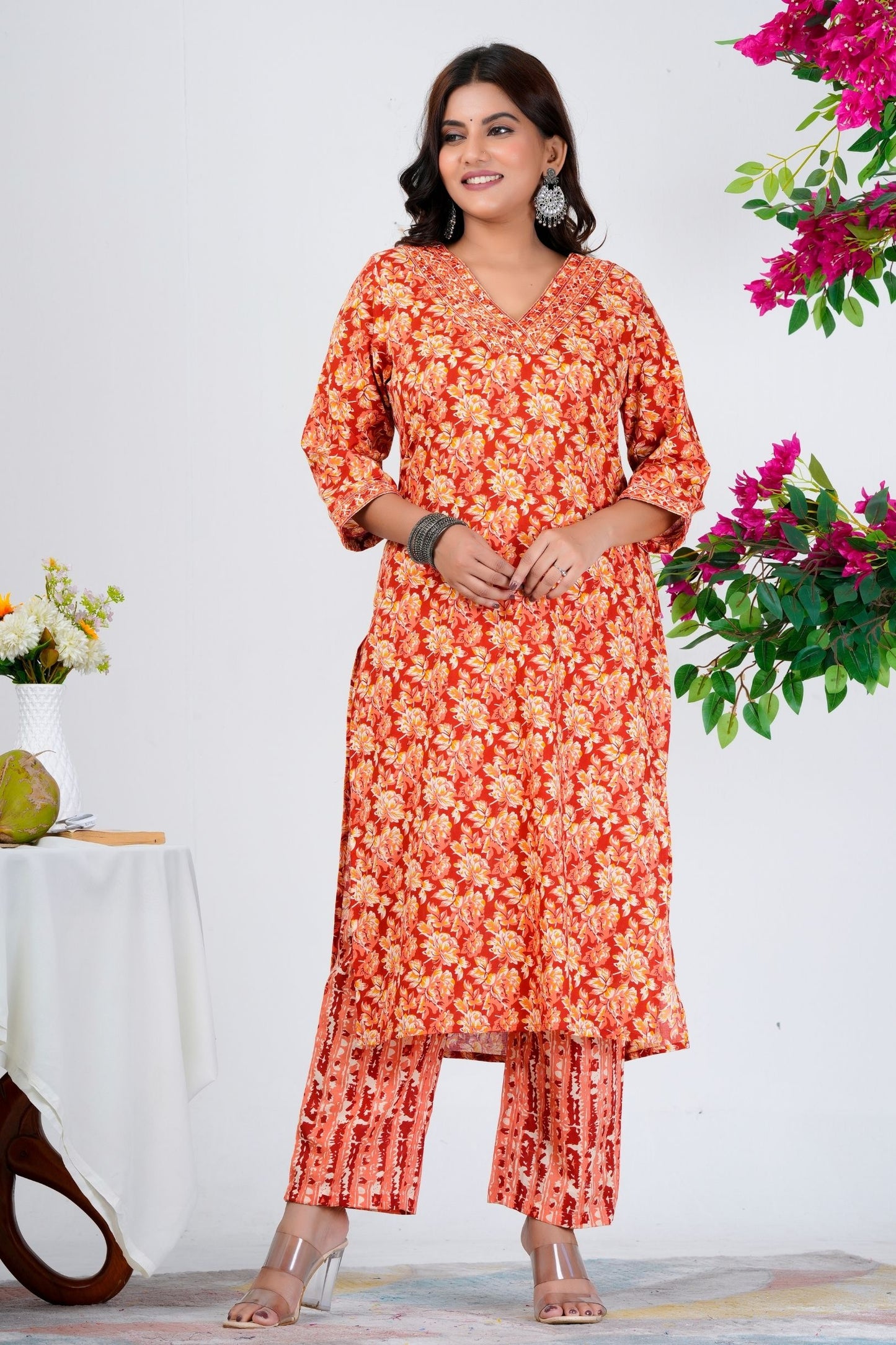 Vibrant Red Floral Printed Kurta Set with Dupatta
