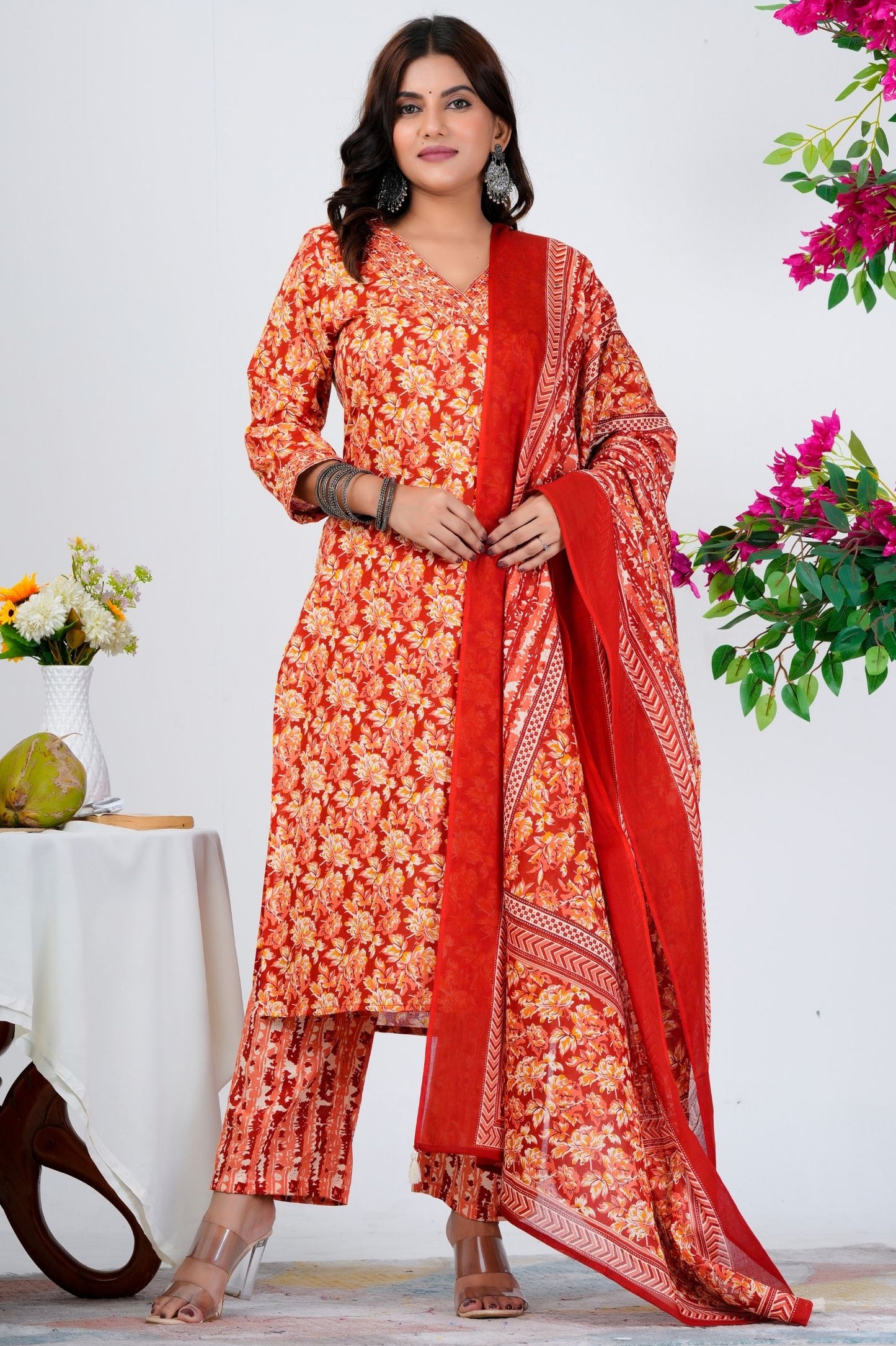 Vibrant Red Floral Printed Kurta Set with Dupatta