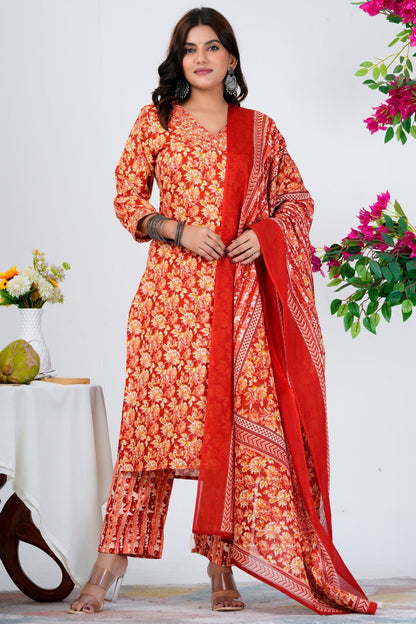 Vibrant Red Floral Printed Kurta Set with Dupatta