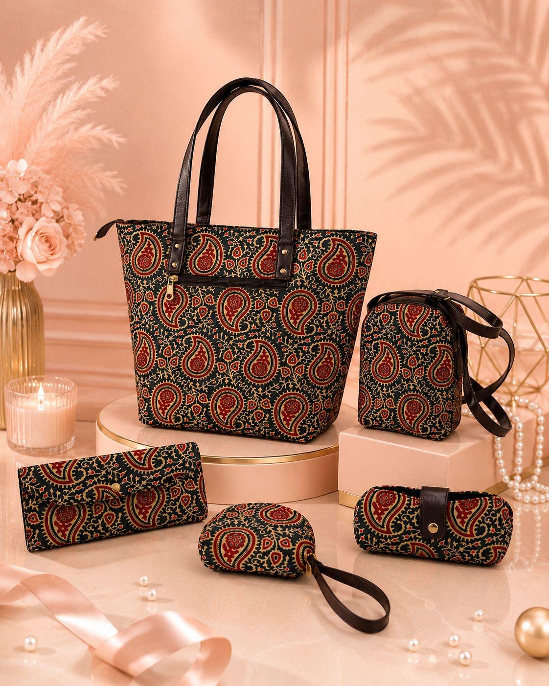 Jaipuri Print Cotton 5-Piece Bag Set | Tote, Sling, Clutch, Goggle, Coin Purse