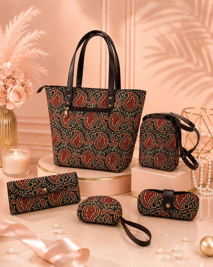Jaipuri Print Cotton 5-Piece Bag Set | Tote, Sling, Clutch, Goggle, Coin Purse