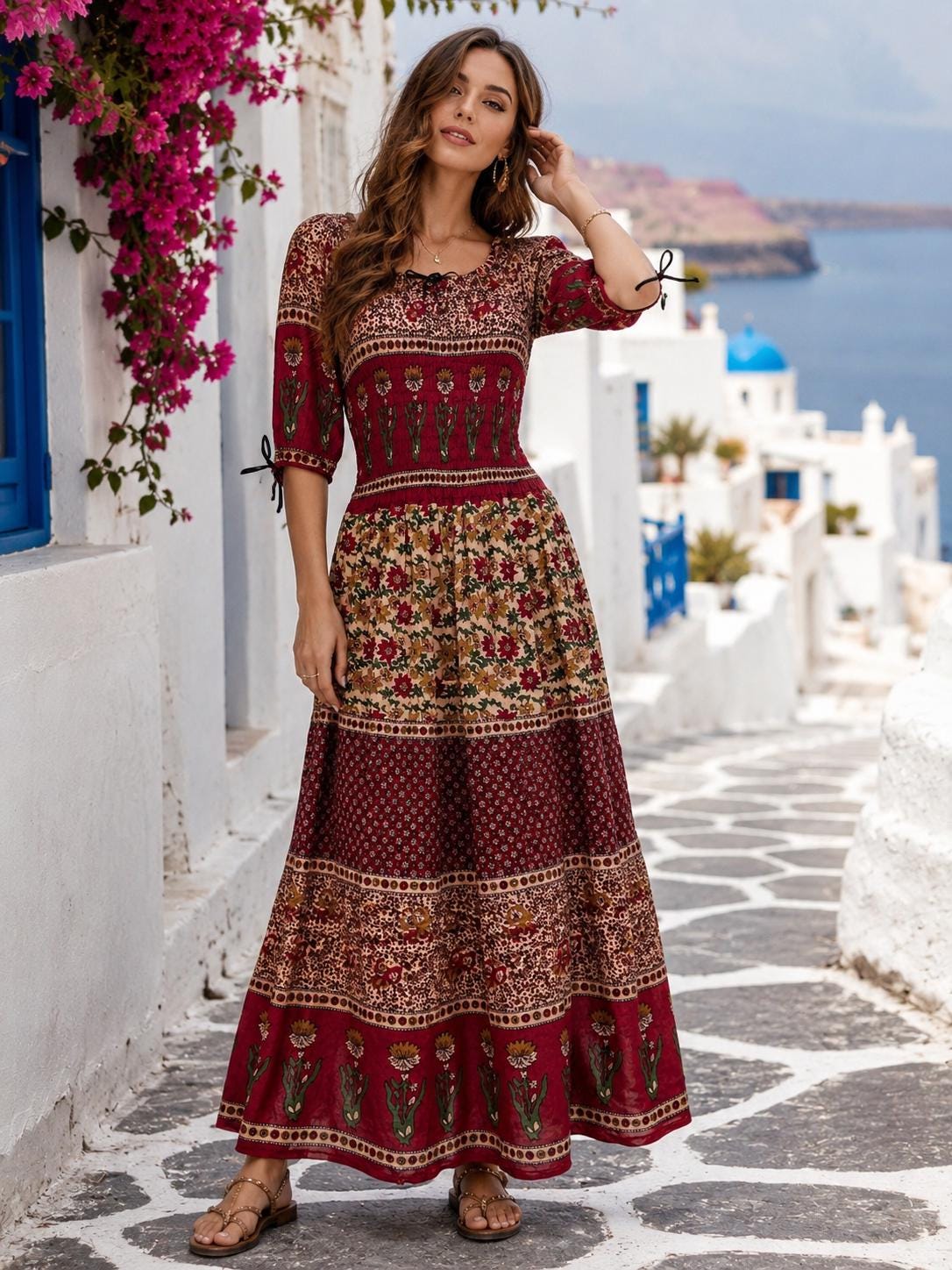 Jaipur Floral Crepe Maxi Dress, Boho Resort Wear, Lightweight Ethnic Style