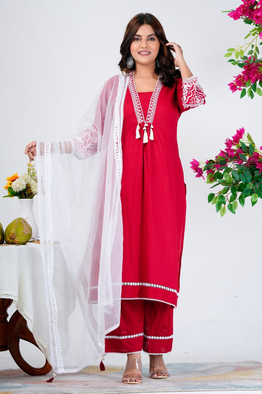 Elegant Red Embroidered Kurta Set with White Dupatta