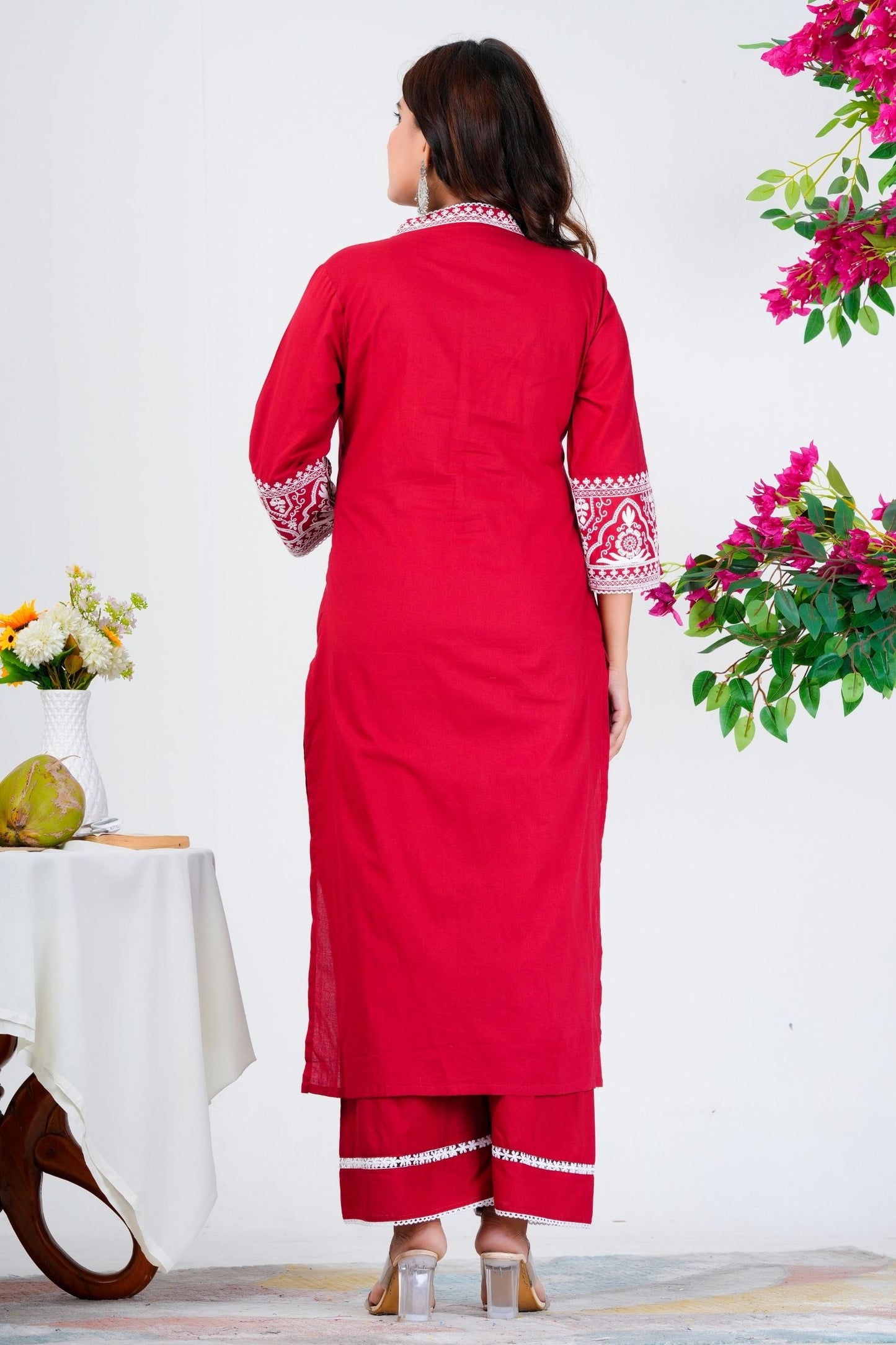 Elegant Red Embroidered Kurta Set with White Dupatta