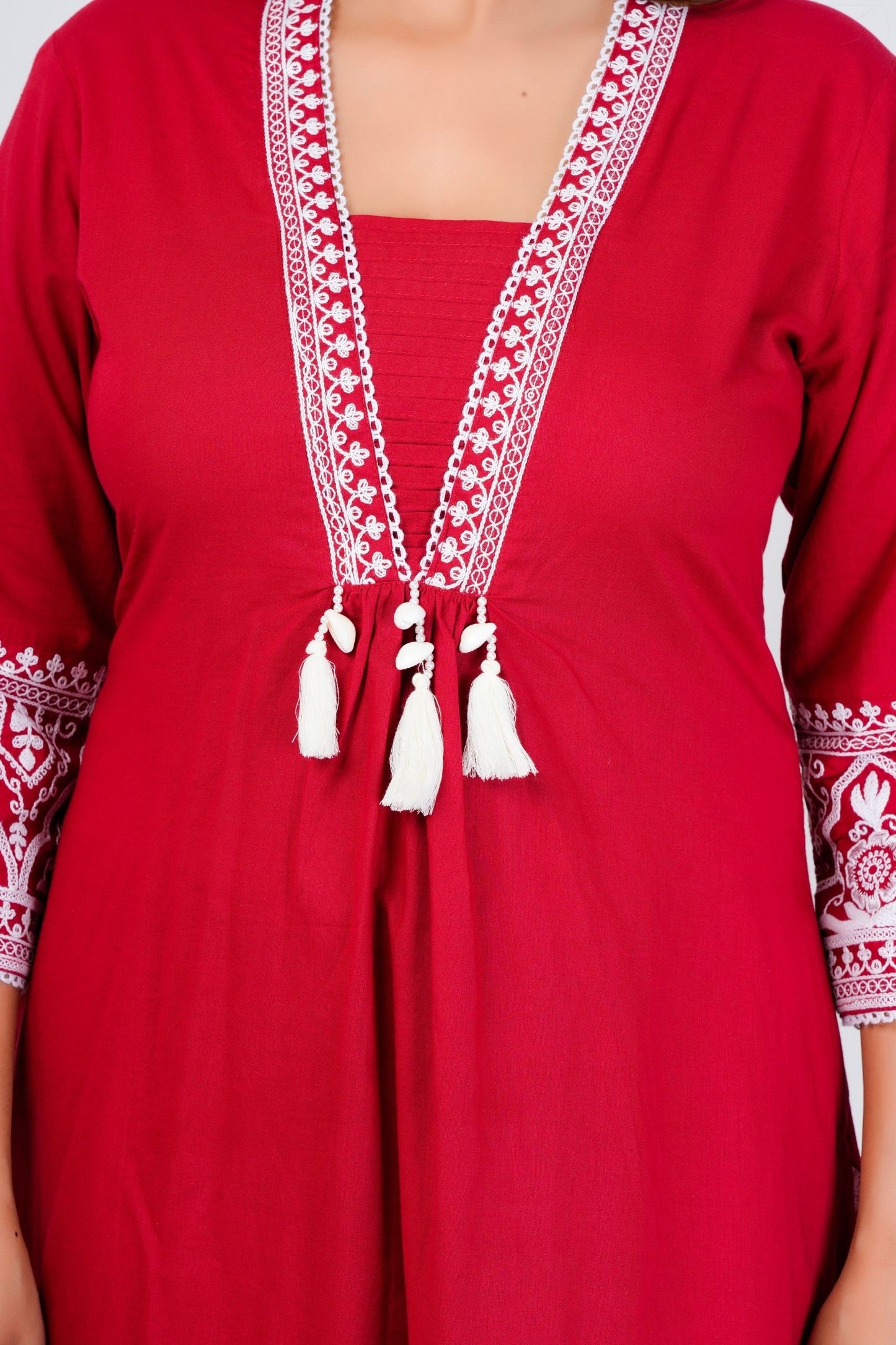 Elegant Red Embroidered Kurta Set with White Dupatta
