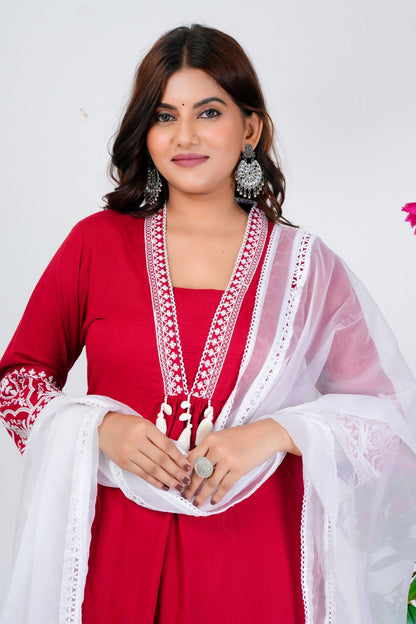 Elegant Red Embroidered Kurta Set with White Dupatta