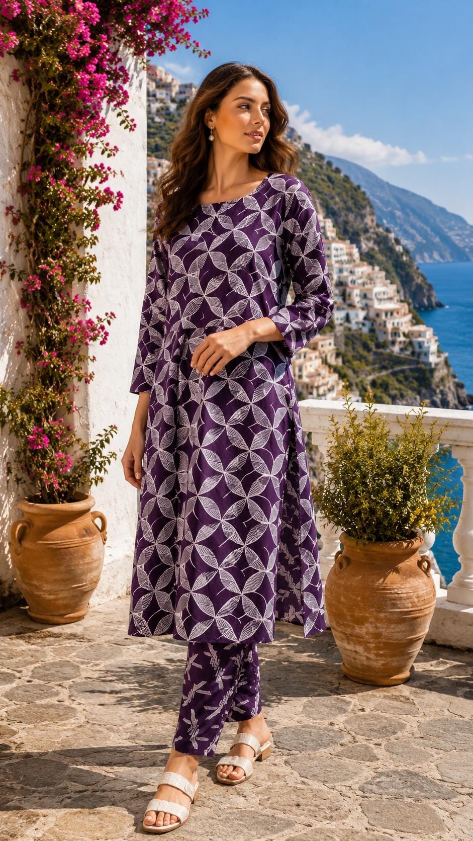 Purple Jaipuri Cotton Kurta Pant Set, Geometric Print, Summer Ethnic Wear
