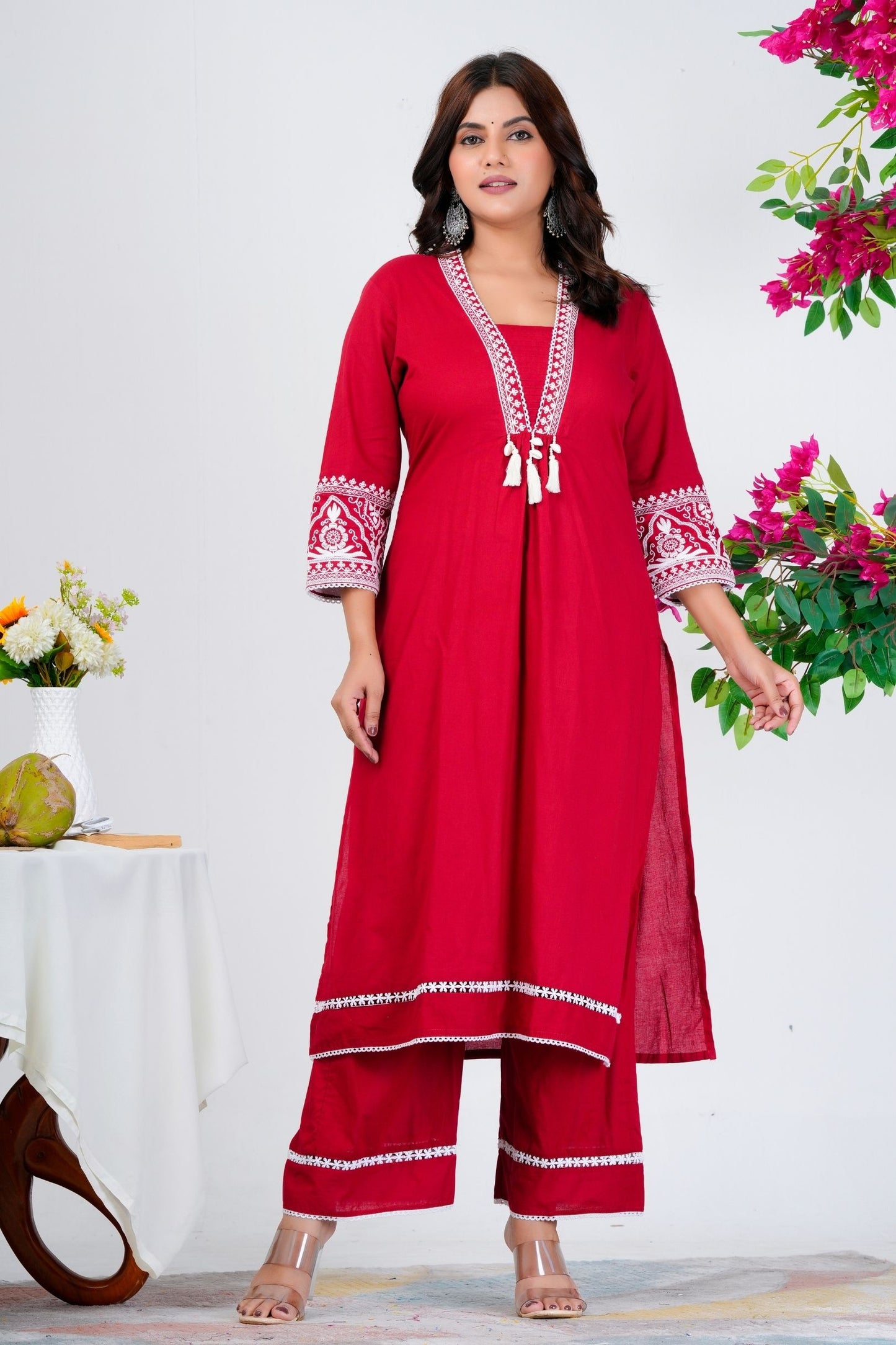 Elegant Red Embroidered Kurta Set with White Dupatta