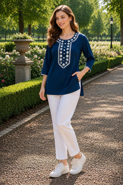 White Embroidered Rayon Kurti | Round Neck Long Sleeve Tunic Top (M-2XL)