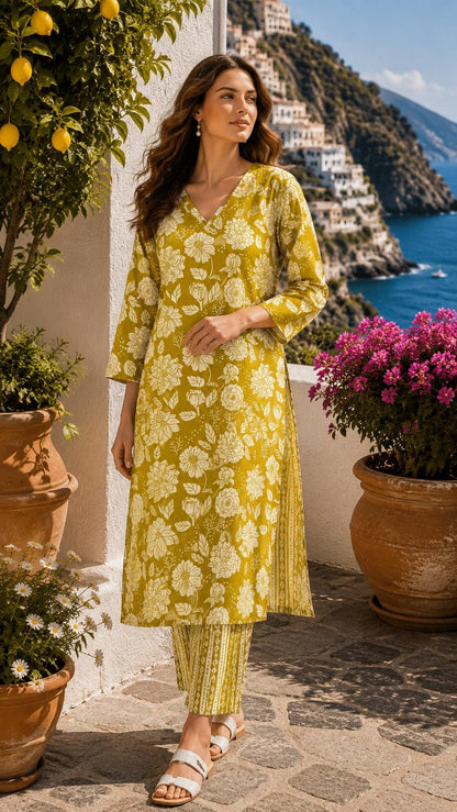 Jaipuri Cotton Kurta Pant Set, Floral Indian Ethnic Co-Ord Outfit (M-2XL)